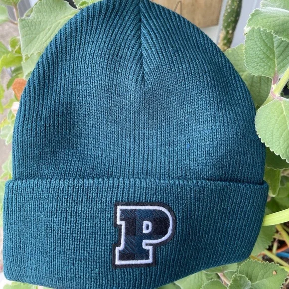 PINK VS Rib Knit Beanie In Black Ivy P Logo Graphic - Picture 3 of 12